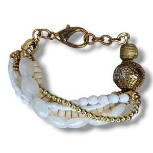 Cream, White And Gold Beaded Hook Closure Bracelet - OS